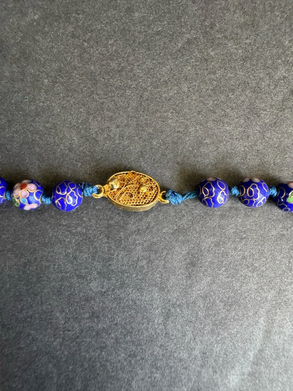 Vintage Cloisonné Necklace Cobalt Blue Beaded Chinese Export 10K Gold Plated 19